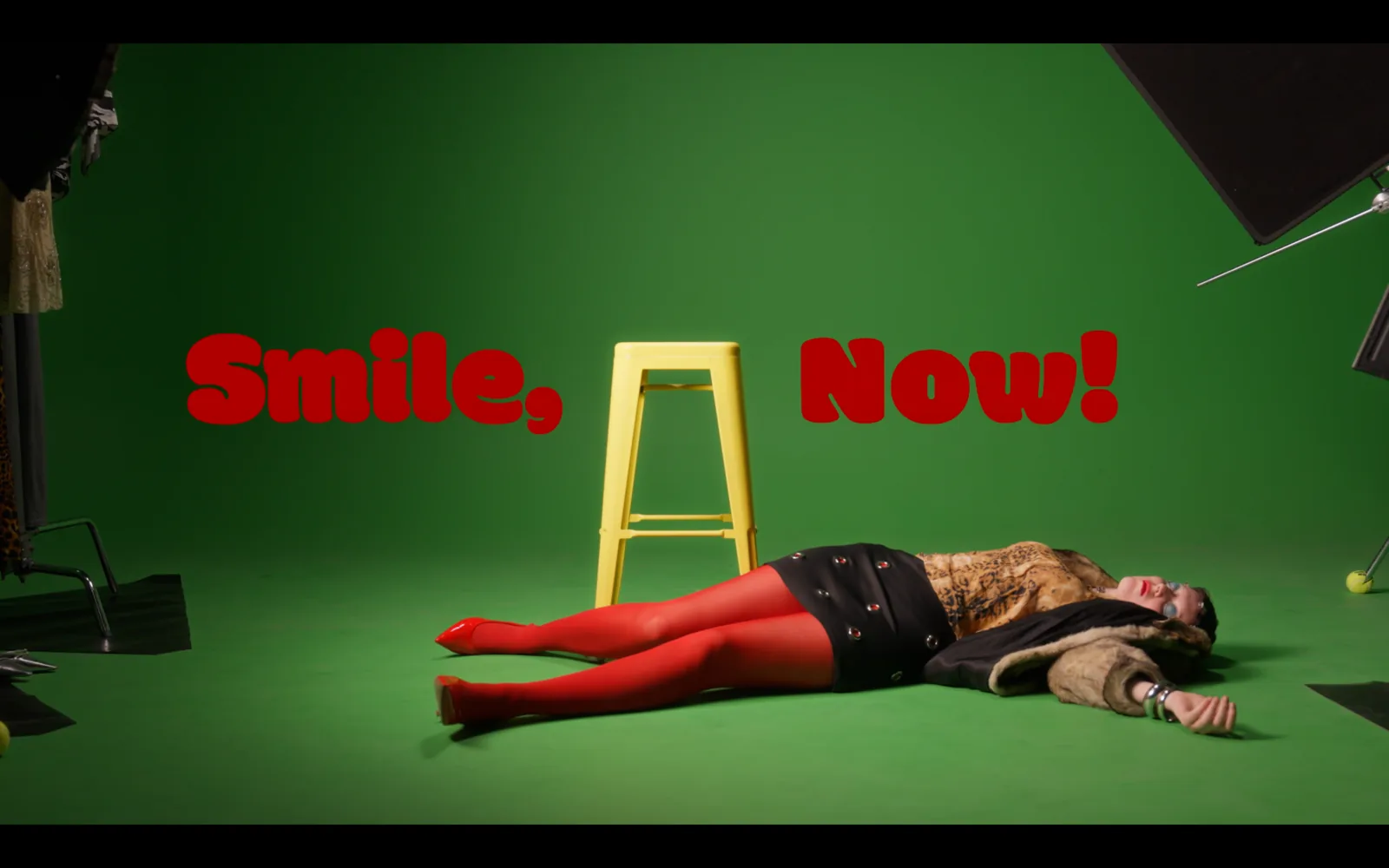 Title frame on green, Smile, Now!